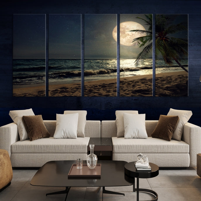 Impresión en lienzo de arte de pared de playa de noche de luna llena grande