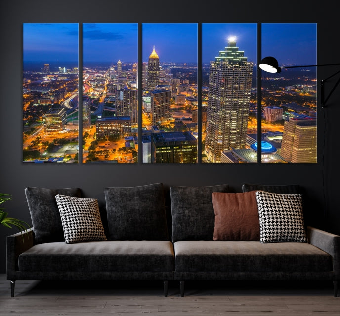 Atlanta City Lights Nuit Bleu Skyline Cityscape View Wall Art Impression sur toile