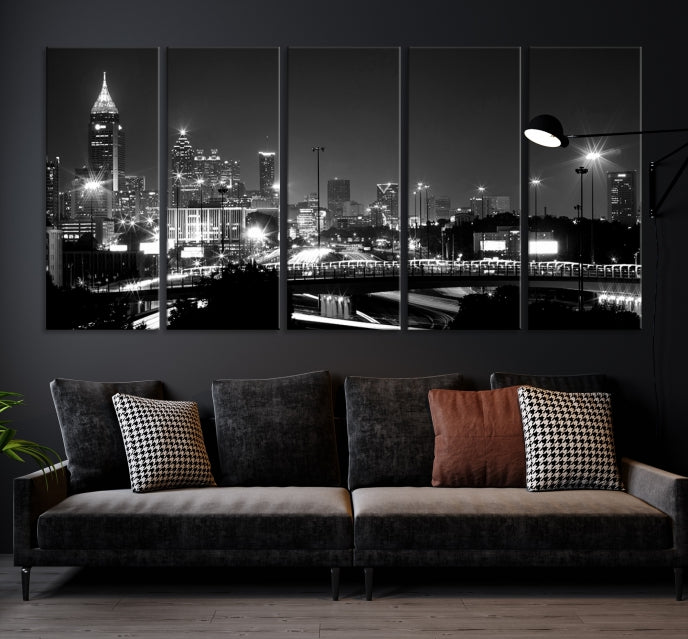 Atlanta City Lights Skyline Art mural noir et blanc Paysage urbain Impression sur toile