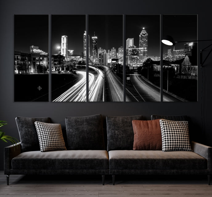 Skyline de luces de la ciudad de Atlanta Arte de pared en blanco y negro Paisaje urbano Lienzo