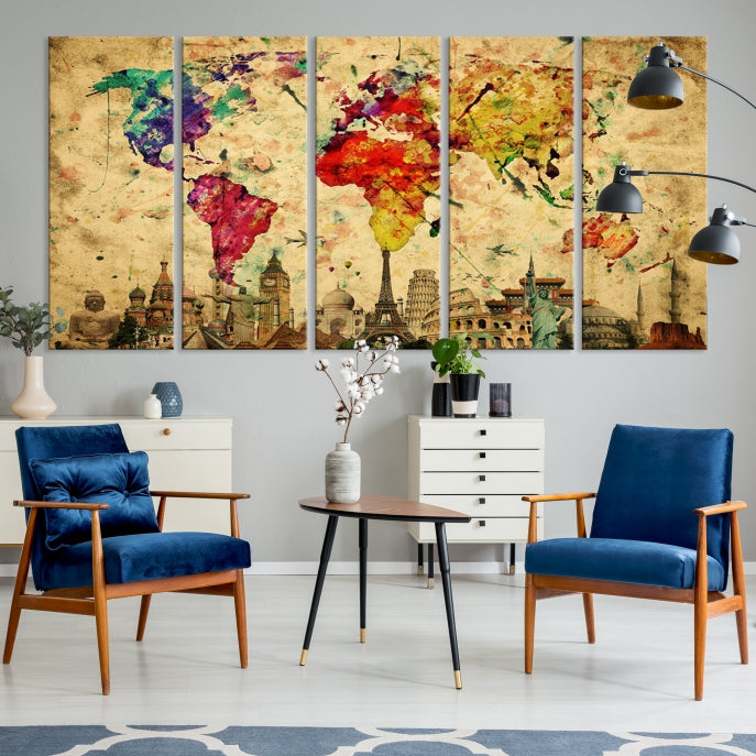 Impresión de lienzo de mapa mundial de arte de pared grande - Impresión de lienzo de arte de pared de mapa mundial extra grande - Impresión de póster de arte de pared de mapa mundial