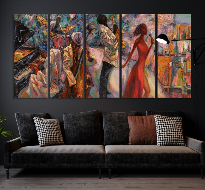 Músico africano, mujeres y orquesta de jazz, arte de pared grande, impresión en lienzo