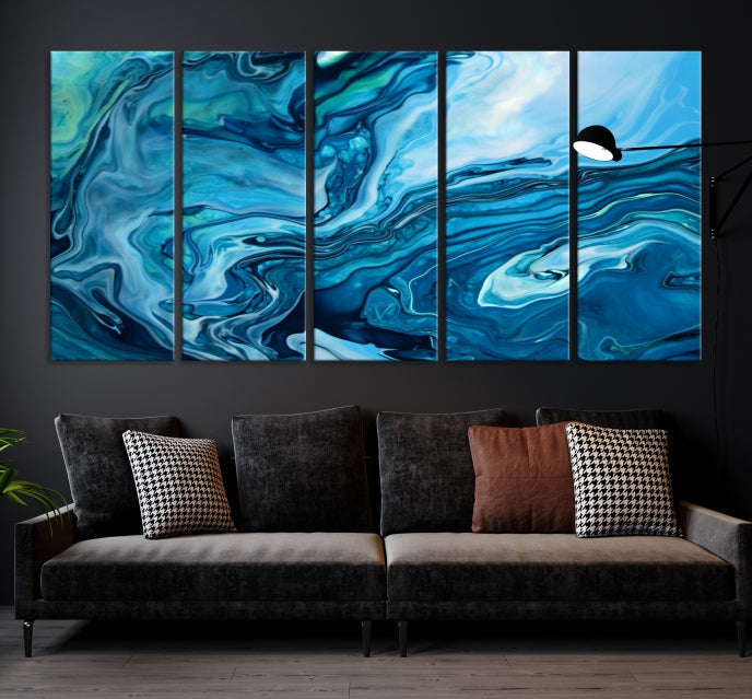 Arte de pared grande con efecto fluido de mármol azul marino, lienzo abstracto moderno, impresión artística de pared