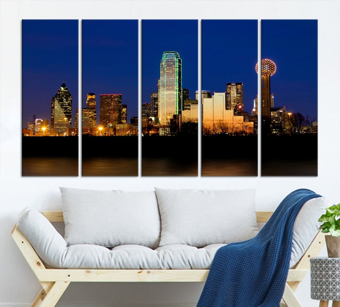 Impresión en lienzo de arte de pared grande con vista del paisaje urbano del horizonte azul nocturno de las luces de la ciudad de Dallas