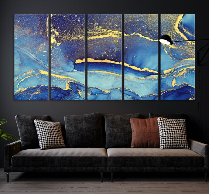 Splash Yellow Color Blue Marble Abstract Canvas Wall Art Print