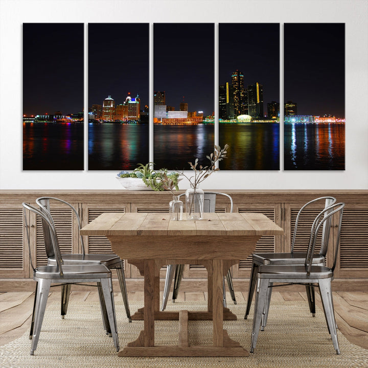 Detroit City Lights Night Skyline Cityscape View Wall Art Canvas Print