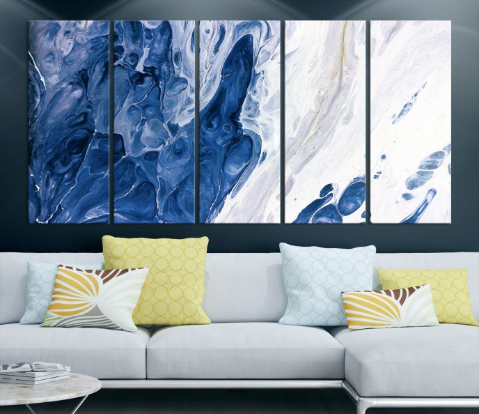 Arte de pared grande con efecto fluido de mármol azul marino, lienzo abstracto moderno, impresión artística de pared