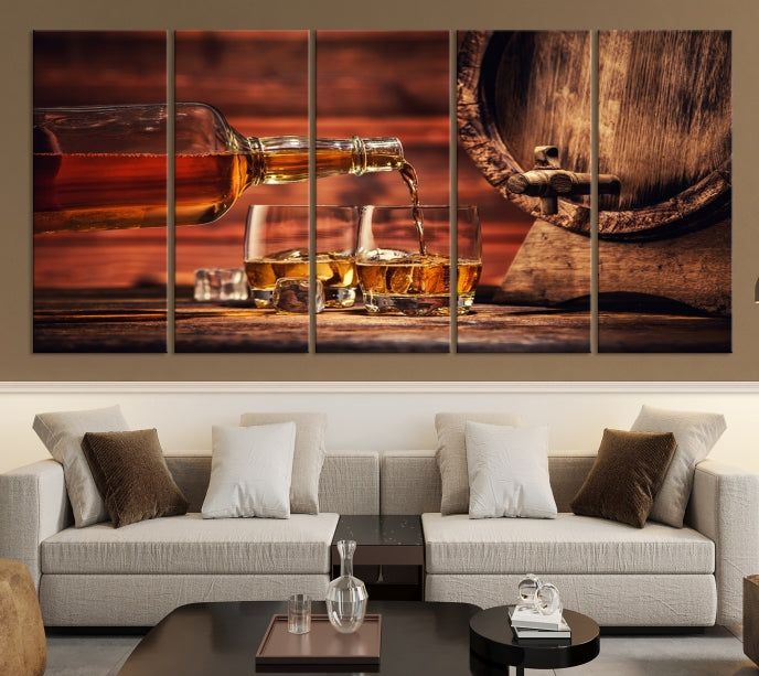 Lienzo decorativo para pared grande con whisky y barril