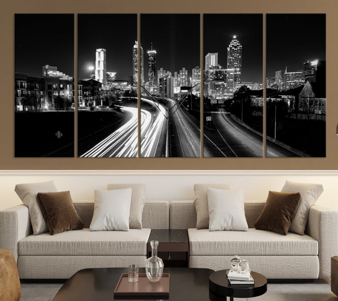 Atlanta City Lights Skyline Art mural noir et blanc Paysage urbain Impression sur toile