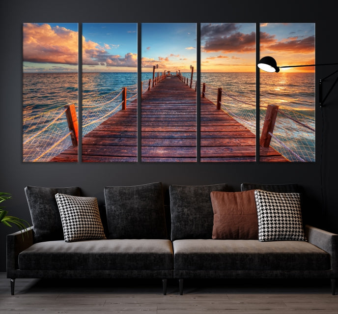 Lienzo decorativo para pared con atardecer y muelle de madera