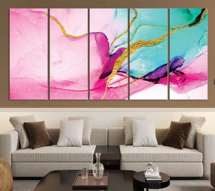 Impresión de arte de pared grande con efecto fluido de mármol rosa y dorado, lienzo abstracto moderno