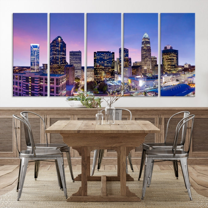 Charlotte City Lights Sunset Purple Skyline Cityscape View Wall Art Canvas Print