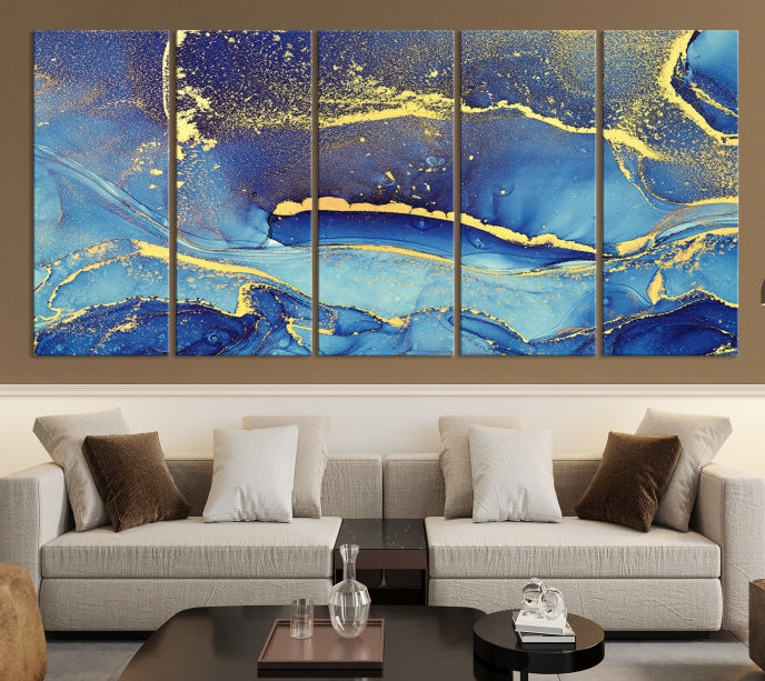 Splash Yellow Color Blue Marble Abstract Canvas Wall Art Print