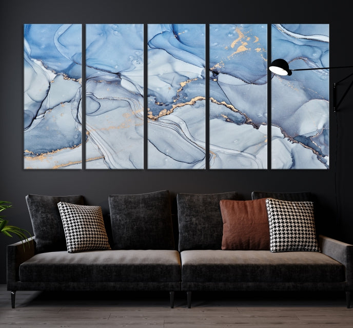 Arte de pared grande con efecto fluido de mármol azul hielo, lienzo abstracto moderno, impresión artística de pared