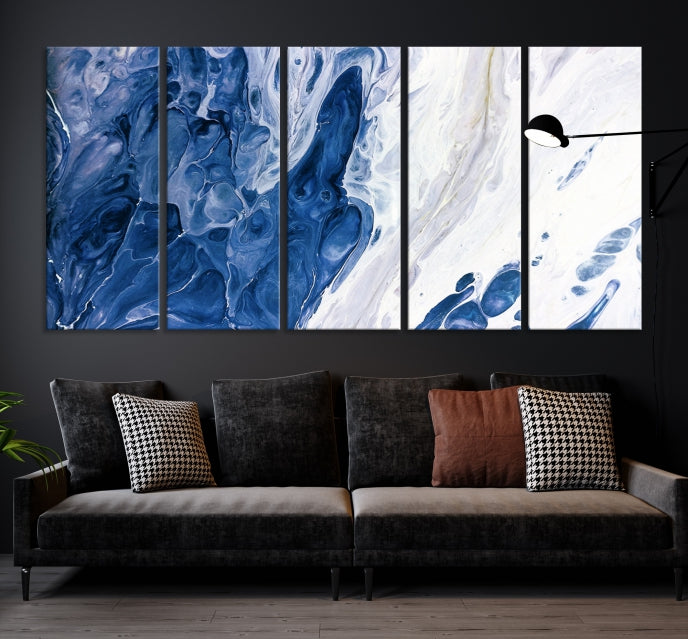 Arte de pared grande con efecto fluido de mármol azul marino, lienzo abstracto moderno, impresión artística de pared