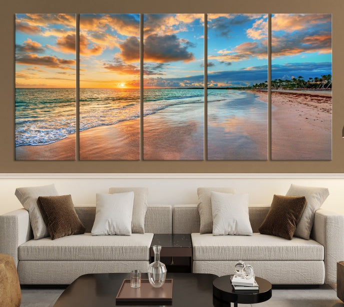 Sunset Beach Canvas Wall Art – Tropical Triptych Seascape Print – Coastal Ocean Decor for Living Room or Bedroom – Ready to Hang