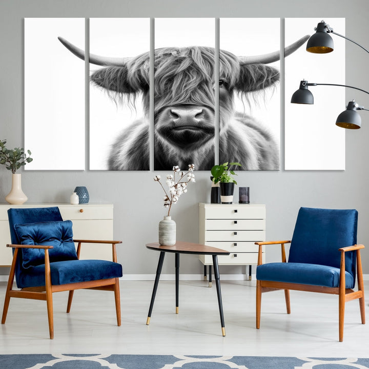 A three-panel wall art from the Highland Cow Animal Canvas series showcases a long-haired, large-horned cow. This Texas Cattle Art Print is crafted on museum-quality canvas with a UV-protective coating, making it an ideal addition to transform your living room.