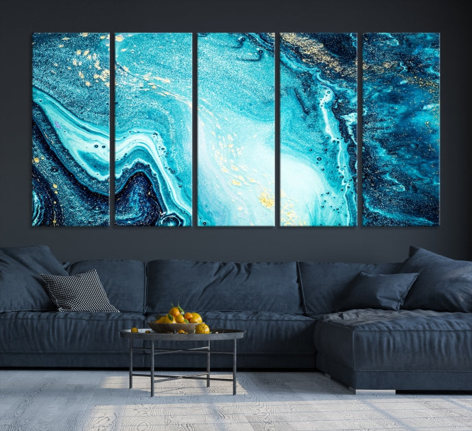 Arte de pared grande con efecto fluido de mármol azul neón y dorado, lienzo abstracto moderno, impresión artística de pared