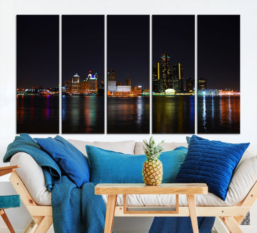 Detroit City Lights Night Skyline Cityscape View Wall Art Canvas Print