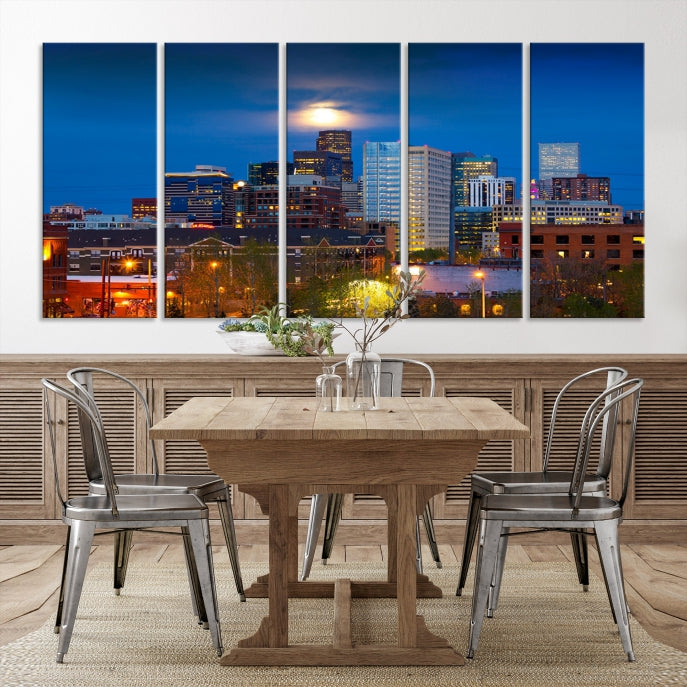 Impresión en lienzo de arte de pared grande con vista del paisaje urbano del horizonte azul nocturno de las luces de la ciudad de Denver