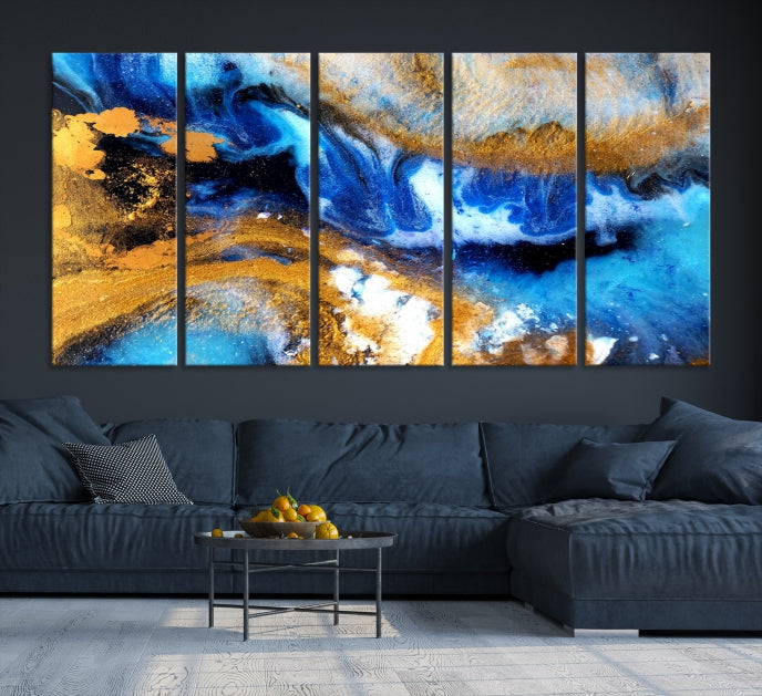 Blue Orange Marble Fluid Effect Wall Art Abstract Canvas Wall Art Print