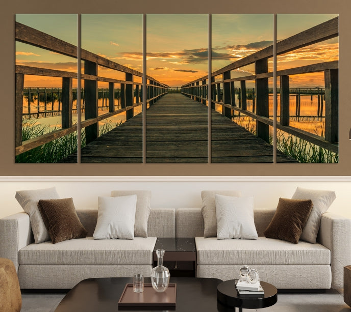 Sunset and Wood Bridge Wall Art Canvas Print