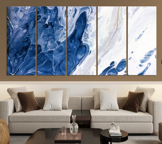 Arte de pared grande con efecto fluido de mármol azul marino, lienzo abstracto moderno, impresión artística de pared