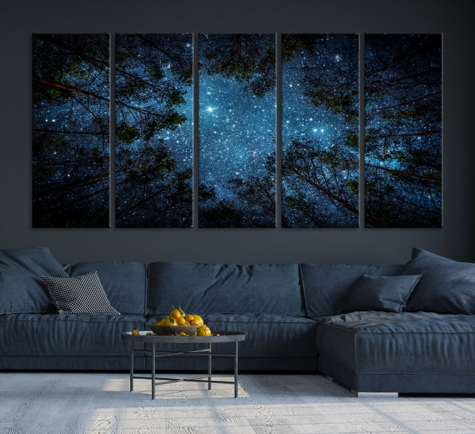 Impression sur toile d’art mural forêt et étoiles