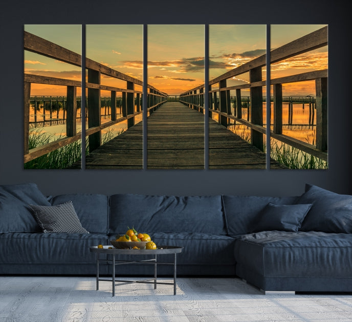 Sunset and Wood Bridge Wall Art Canvas Print