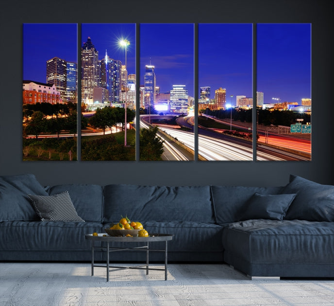 Arte de pared grande con vista del paisaje urbano del horizonte azul nocturno de las luces de la ciudad de Atlanta Impresión en lienzo