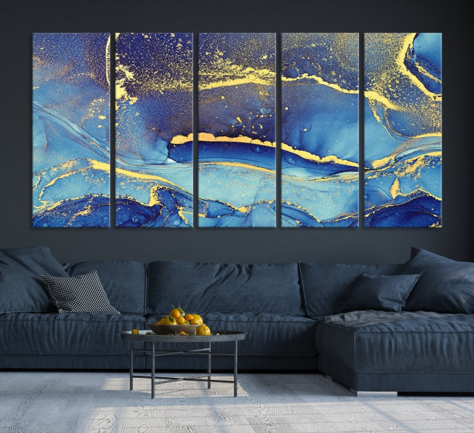 Splash Yellow Color Blue Marble Abstract Canvas Wall Art Print