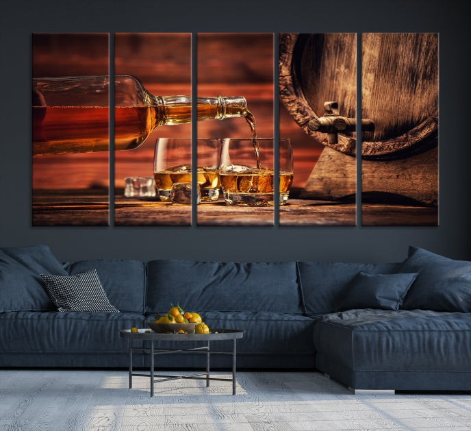 Lienzo decorativo para pared grande con whisky y barril