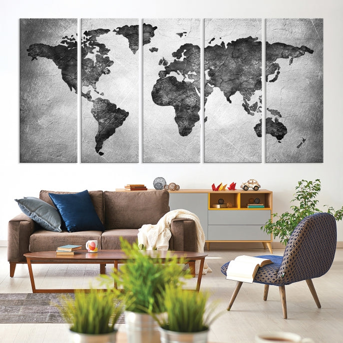 Black and Gray World Map Canvas Wall Art Print