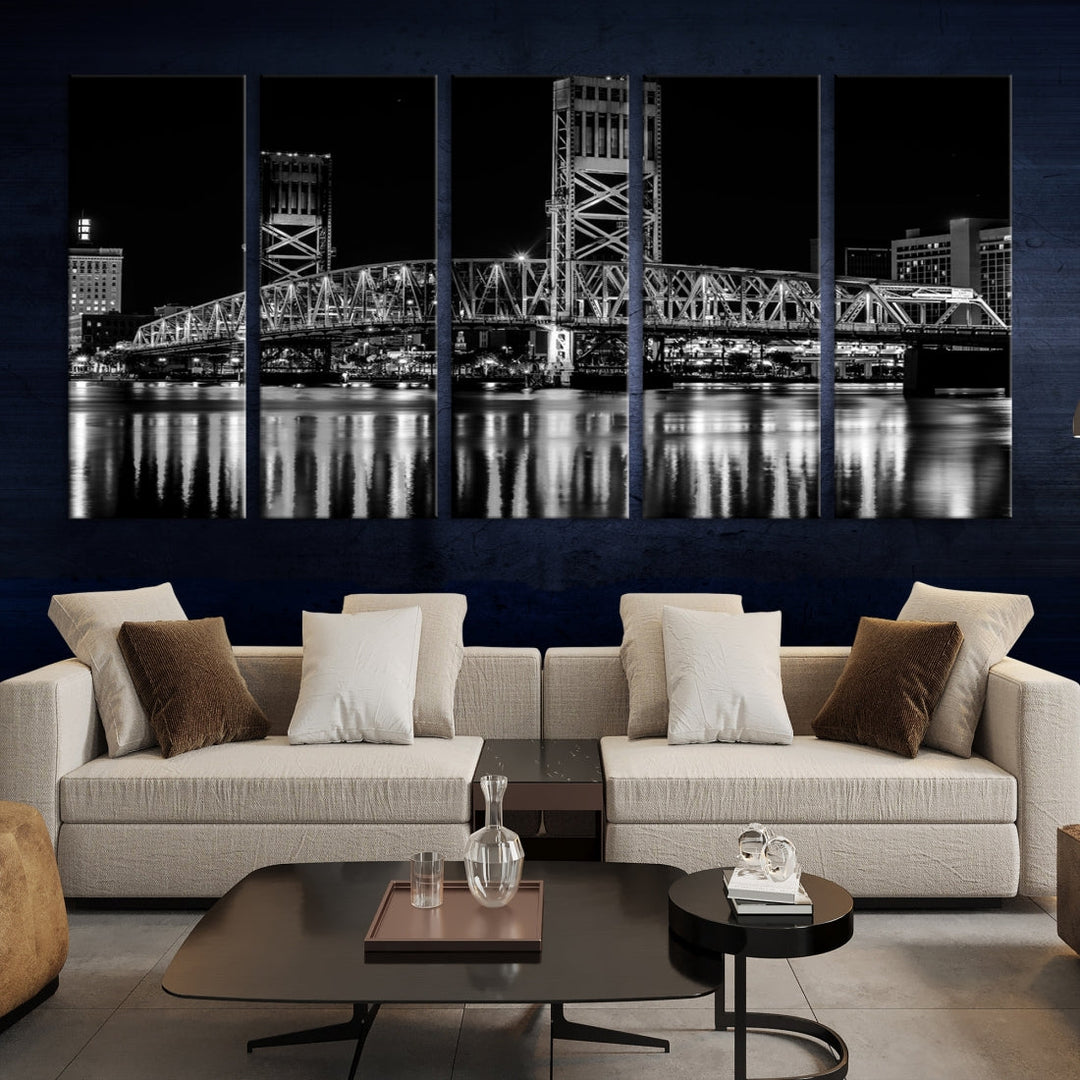 The Jacksonville City Bridge Night Wall Art Canvas Print is a black and white triptych depicting the city bridge at night. It features a UV-protective coating on museum-quality canvas.