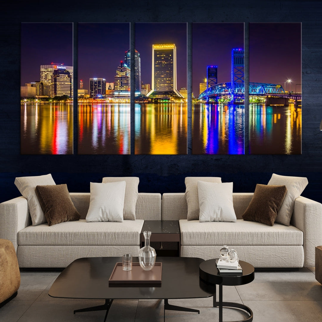 The Jacksonville City cityscape wall art captures a vibrant city skyline at night with colorful reflections in the water and is elegantly displayed on museum-quality gallery wrapped canvas.