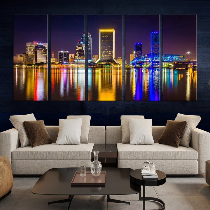 The Jacksonville City cityscape wall art captures a vibrant city skyline at night with colorful reflections in the water and is elegantly displayed on museum-quality gallery wrapped canvas.