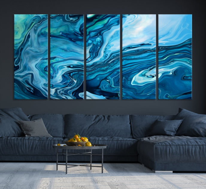 Arte de pared grande con efecto fluido de mármol azul marino, lienzo abstracto moderno, impresión artística de pared