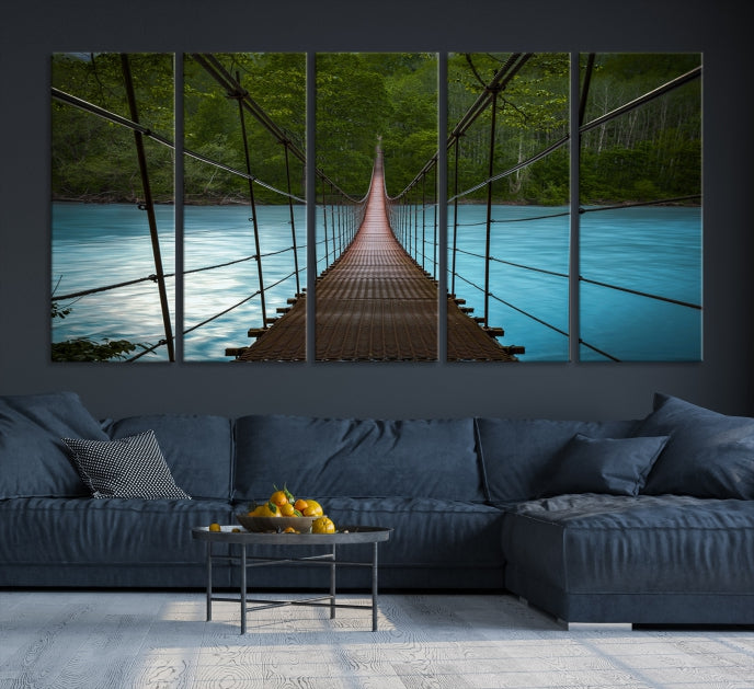 Suspension Bridge Over River Canvas Art | 3-Panel Nature Photography | Scenic Wall Art for Living Room or Office