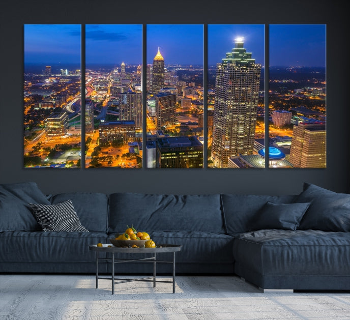 Arte de pared grande con vista del paisaje urbano del horizonte azul nocturno de las luces de la ciudad de Atlanta Impresión en lienzo