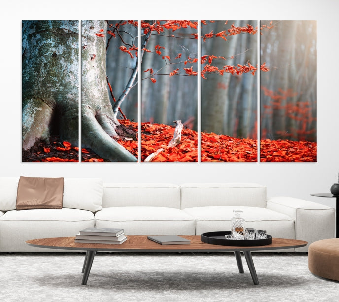 Grand arbre et forêt feuilles rouges Art mural impression sur toile