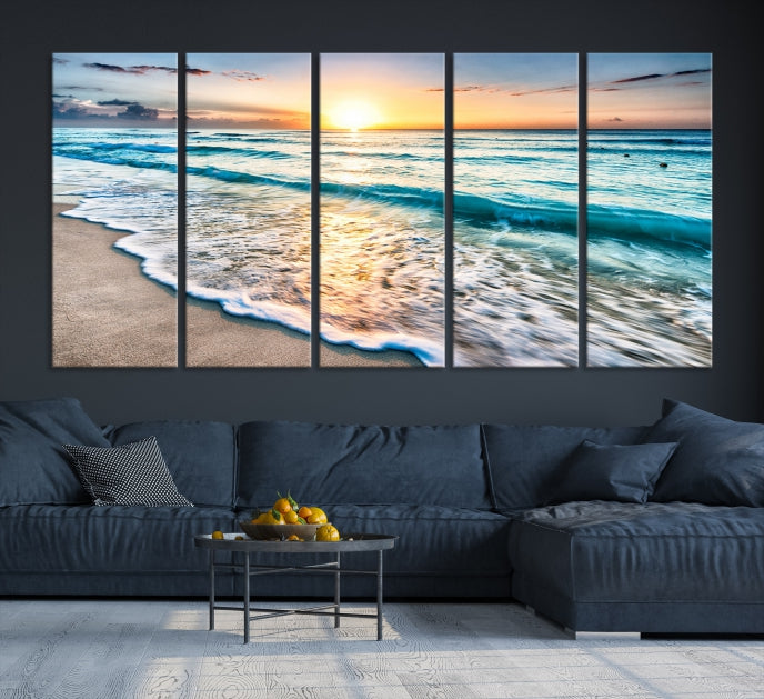 Sunset Beach Waves Canvas Wall Art – 5-Panel Ocean Sunset Print – Coastal Decor for Living Room or Bedroom – Ready to Hang