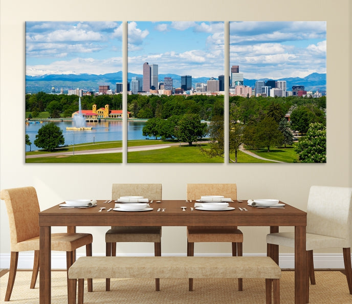 Denver City Park au printemps nuageux Skyline paysage urbain vue murale impression sur toile