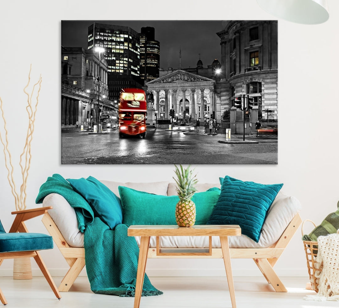 London Night Red Bus Wall Art Canvas Print, London Black and White Wall Art