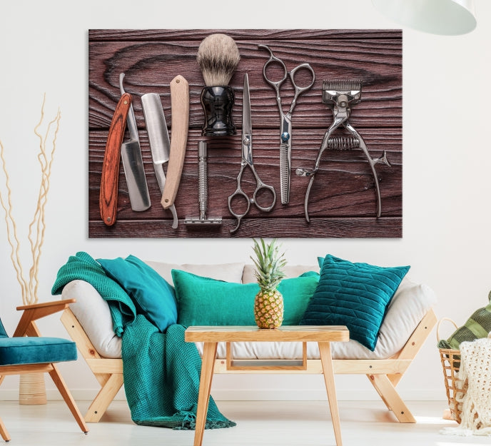 Lienzo decorativo para pared grande con herramientas de peluquería