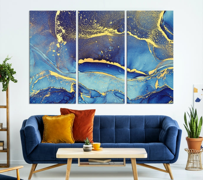 Splash Yellow Color Blue Marble Abstract Canvas Wall Art Print