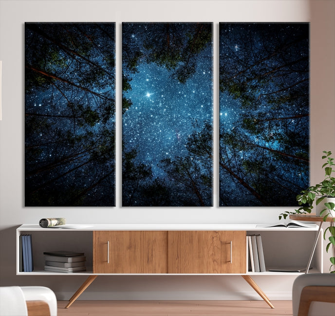 Impression sur toile d’art mural forêt et étoiles