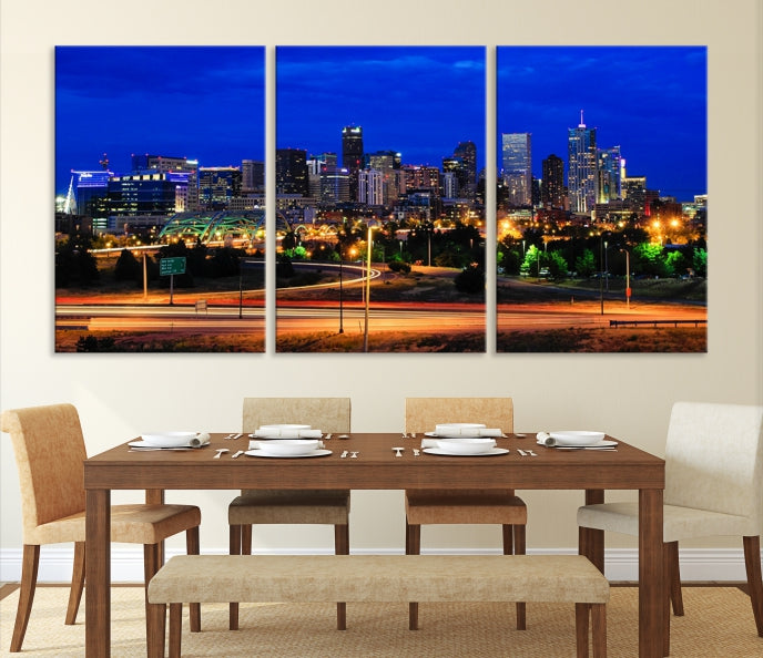 Denver City Lights Night Bright Blue Skyline Cityscape View Wall Art Canvas Print