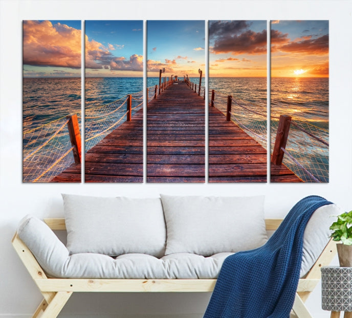 Lienzo decorativo para pared con atardecer y muelle de madera