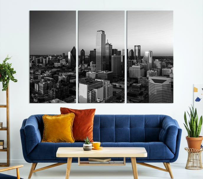 Skyline de la ciudad de Dallas Arte de pared en blanco y negro Paisaje urbano Lienzo