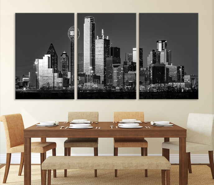 Dallas City Lights Skyline Art mural noir et blanc Paysage urbain Impression sur toile